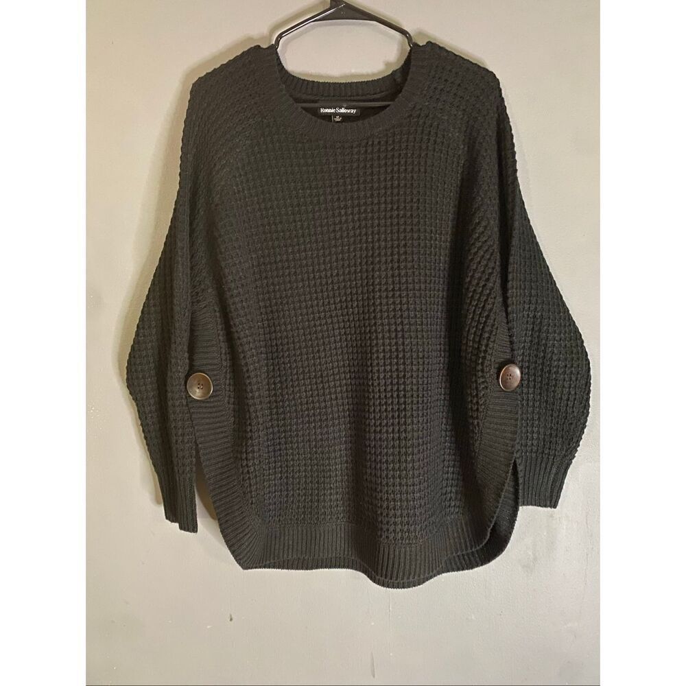 Ronnie Salloway Black Chunky Knit Button Split Side Scoop Neck Sweater M